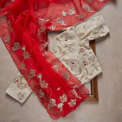 Red Sythetic Fancy Saree With Designer Blouse