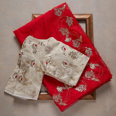 Red Sythetic Fancy Saree With Designer Blouse