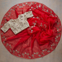 Red Sythetic Fancy Saree With Designer Blouse