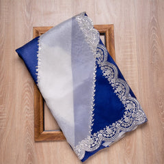 Blue & White Dual Shade Fancy Saree With Designer Blouse