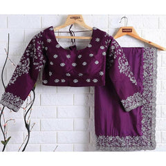 Georgette Embroidered Elegant Purple Color Sreee With Designer Fancy Readymade Blouse.