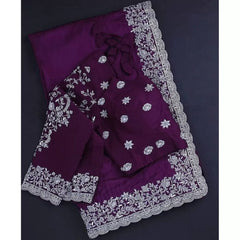 Georgette Embroidered Elegant Purple Color Sreee With Designer Fancy Readymade Blouse.