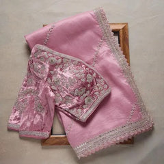 Gorgeous Baby Pink Orgeanza Silk Saree With Comely With Designer Fancy Readymade Blouse.