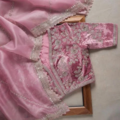 Gorgeous Baby Pink Orgeanza Silk Saree With Comely With Designer Fancy Readymade Blouse.