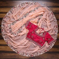 Peach Colour Thread Work Border Designer Saree With Designer Fancy Readymade Blouse.
