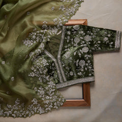 Beautiful Look Green Colored Heavy Blouse Embroidery Saree With Designer Fancy Readymade Blouse.
