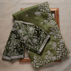 Beautiful Look Green Colored Heavy Blouse Embroidery Saree With Designer Fancy Readymade Blouse.