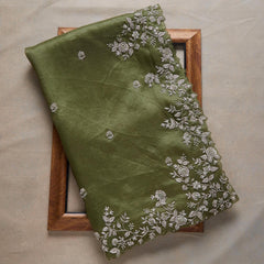 Beautiful Look Green Colored Heavy Blouse Embroidery Saree With Designer Fancy Readymade Blouse.