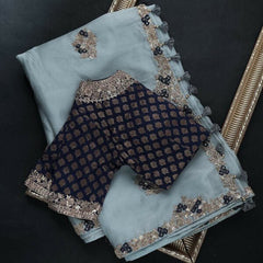 Sequins Embroidered Sky Blue Colour Party Wear Saree With Designer Fancy Readymade Blouse.