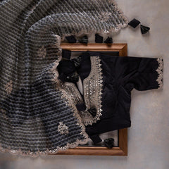 Classy Black Colour Embroidery Dorry Work Designer Saree With Designer Fancy Readymade Blouse.