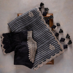 Classy Black Colour Embroidery Dorry Work Designer Saree With Designer Fancy Readymade Blouse.