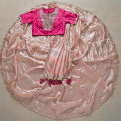 Peach Colour Thread Work And Sequence Lace Border Designer Saree With Designer Fancy Readymade Blouse.