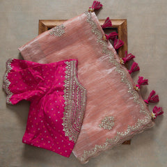 Peach Colour Thread Work And Sequence Lace Border Designer Saree With Designer Fancy Readymade Blouse.