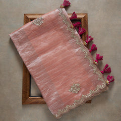 Peach Colour Thread Work And Sequence Lace Border Designer Saree With Designer Fancy Readymade Blouse.