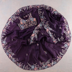 Wine Colour Embroidery Designer Saree With Designer Fancy Readymade Blouse.