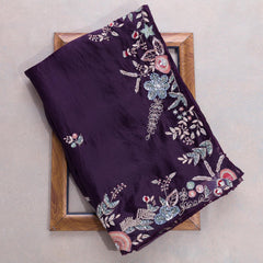 Wine Colour Embroidery Designer Saree With Designer Fancy Readymade Blouse.